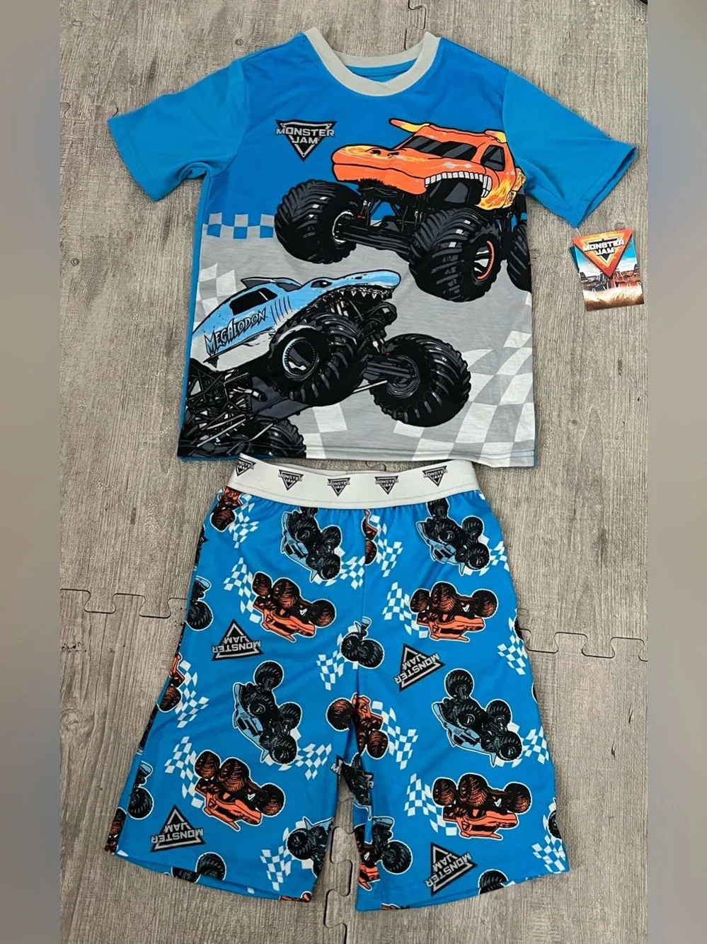 Monster Jam Boys 2-Piece Pajama Set M (8) Blue Megladon Flame Resistant